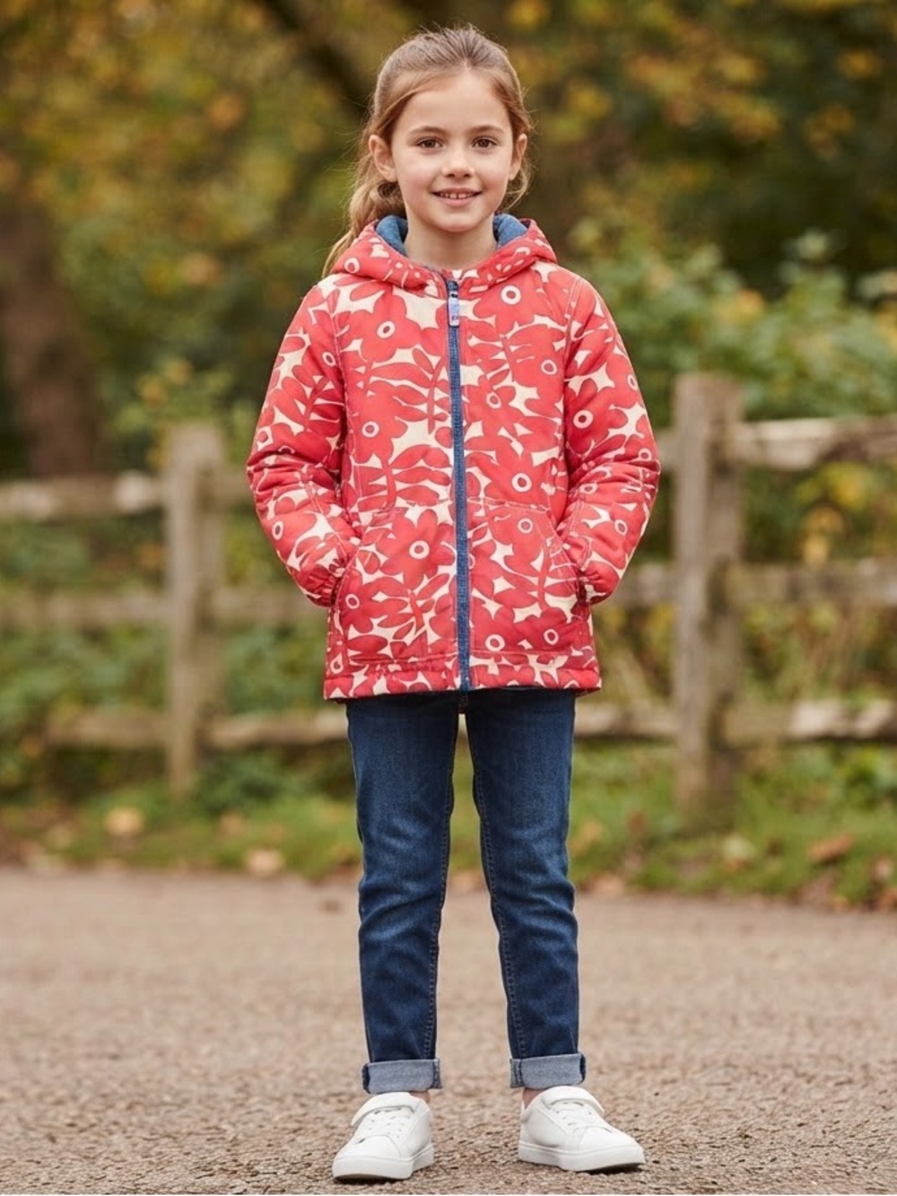 Mini Boden Girls Red Floral Hooded Winter Jacket Coat Full Zip Pockets Sz 9-10Y